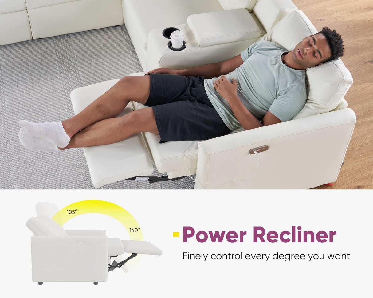 AMERLIFE Single Left Power Recliner, Reclining Sectional Couch with Console, 5 Seats L Shaped Anti-Scratch Leathaire Modular Couch with Cup Holder& USB Port, White AMERLIFE