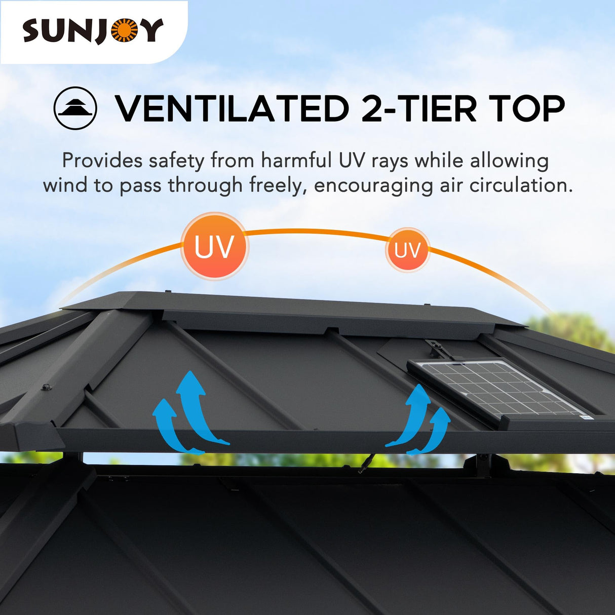 Sunjoy Hardtop Gazebo 10 x 12 ft. Outdoor Patio Aluminum Frame Gazebo with Solar Panel, 2-Tier Steel Hardtop Backyard Gazebo with Netting and Ceiling Hook, Black Sunjoy