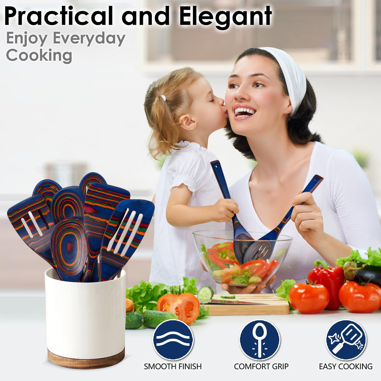 Wooden Spoons for Cooking, 7 Pcs Pakkawood Wooden Kitchen Cooking Spoon Utensil Tools Set Includes Spatula Corner Spoon Rice Paddle Friendly to Non-Stick Cookware by HOWHONG (Blue) HOWHONG