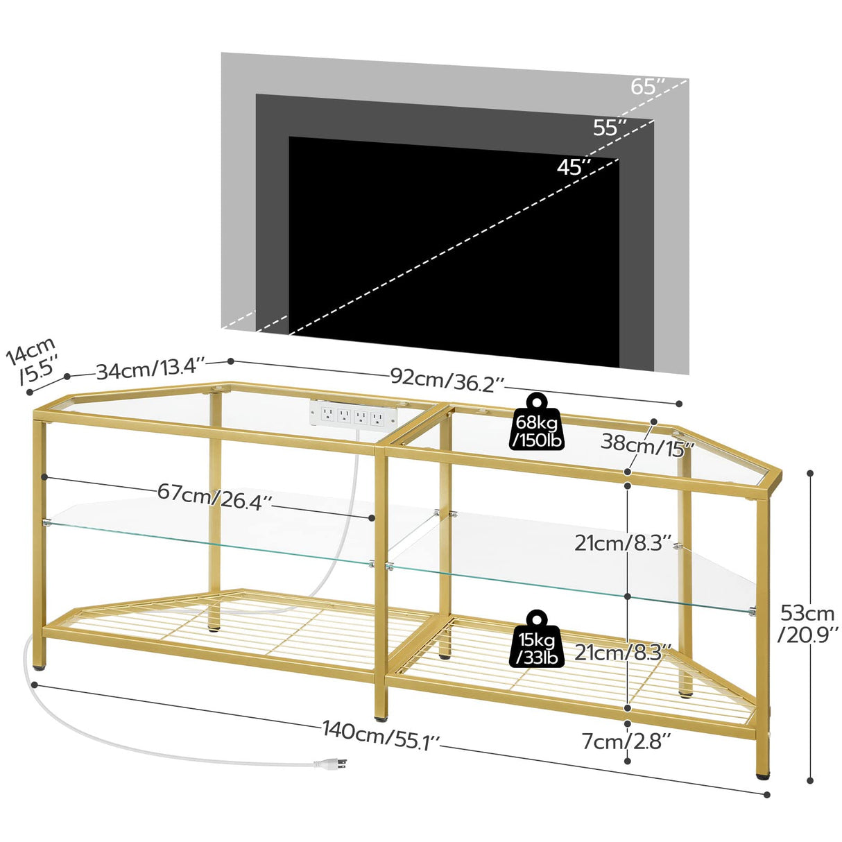 HOOBRO Corner TV Stand with Power Outlet for TVs up to 60", Modern 55" Corner TV Console Table with Open Shelves, Tempered Glass Media Entertainment Center for Living Room, Bedroom, Gold GD143UDS01 HOOBRO