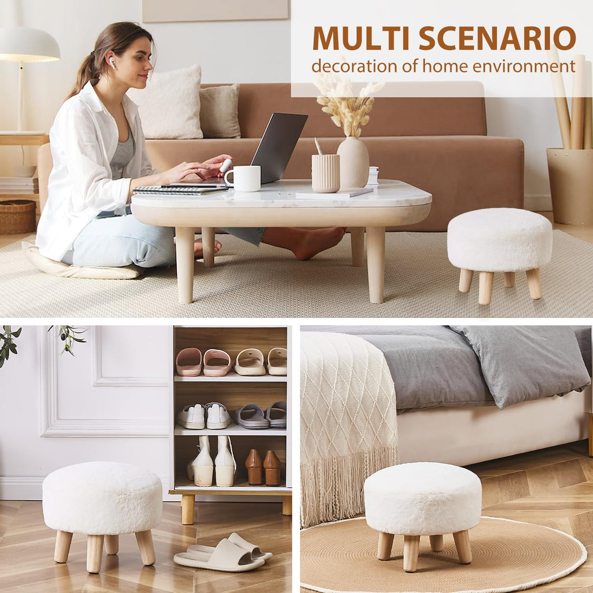Cpintltr Round Footstool Ottoman Rabbit Wool Mushroom Stool Solid Wood Stool Small Upholstered Ottoman Shoe Changing Foot Stool Step Stool Sofa Footrest Stool for Living Room Bedroom (White) Cpintltr