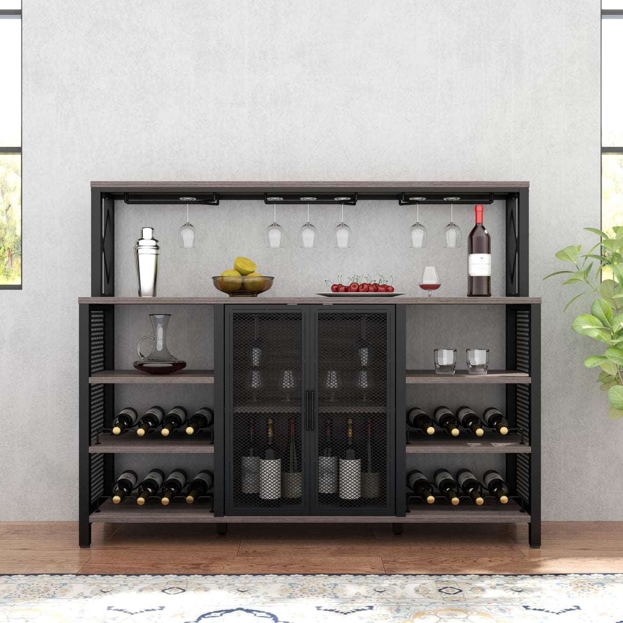 Gyfimoie Wine Bar Cabinet, 55 Inches Industry Coffee Bar Cabinet with Wine Rack and Glass Holder, Kitchen Sideboard Buffet Cabinet with Wine Rack Storage for Liquor and Glasses (Rustic Grey) Gyfimoie