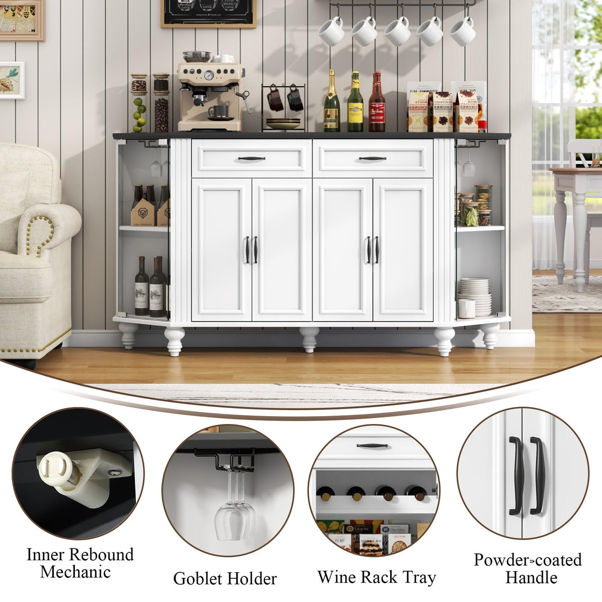 Gyfimoie Buffet Cabinet with Storage, Farmhouse Kitchen Sideboard Cabinet with Solid Wood Legs Coffee Bar Storage with Glass Door Side Shelves for Kitchen, Dining Room, Entryway Gyfimoie