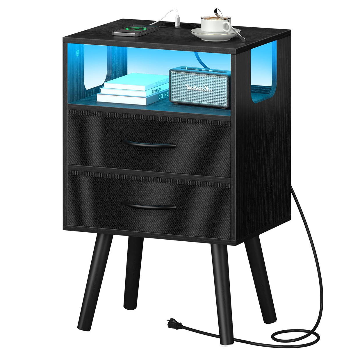 Yoobure LED Night Stand with Charger Station, Mid Century Modern Nightstand with Fabric Drawers, Bedside Table Nightstands with Storage Shelf, Bed Side Table Small Night Stands for Bedroom Living Room Yoobure