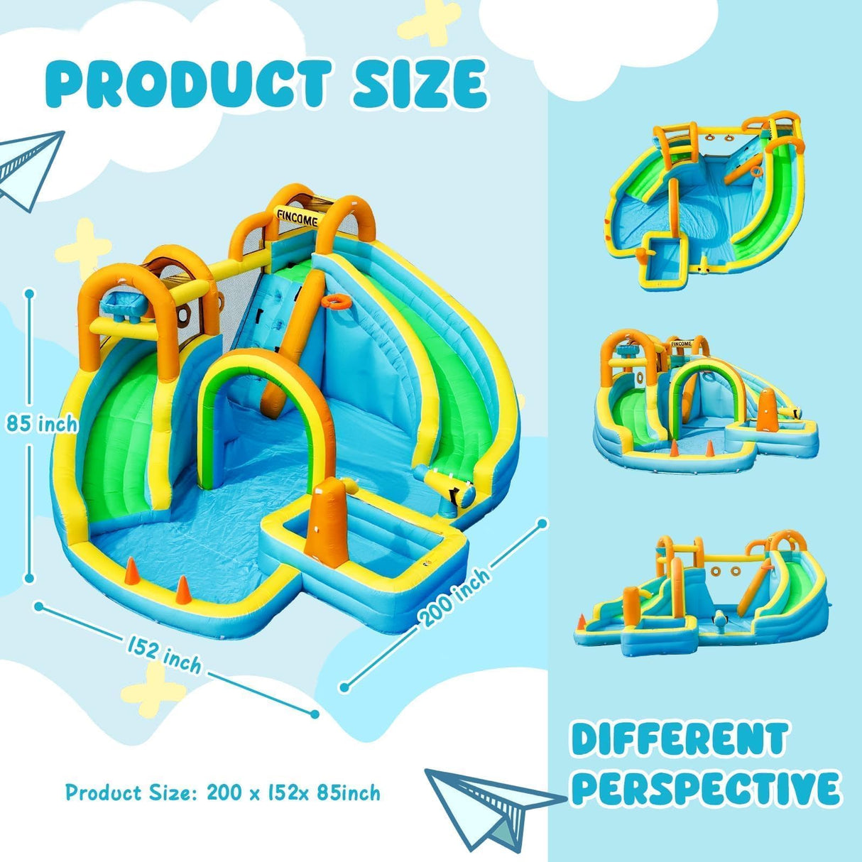 FINCOME Inflatable Water Slide, Bounce House with 2 Slide for Kids, Inflatable Waterslide Park with Splash Pool, Basketball Hoop, Ball Shooting & Water Cannon for Backyard, Outdoor, Indoor FINCOME