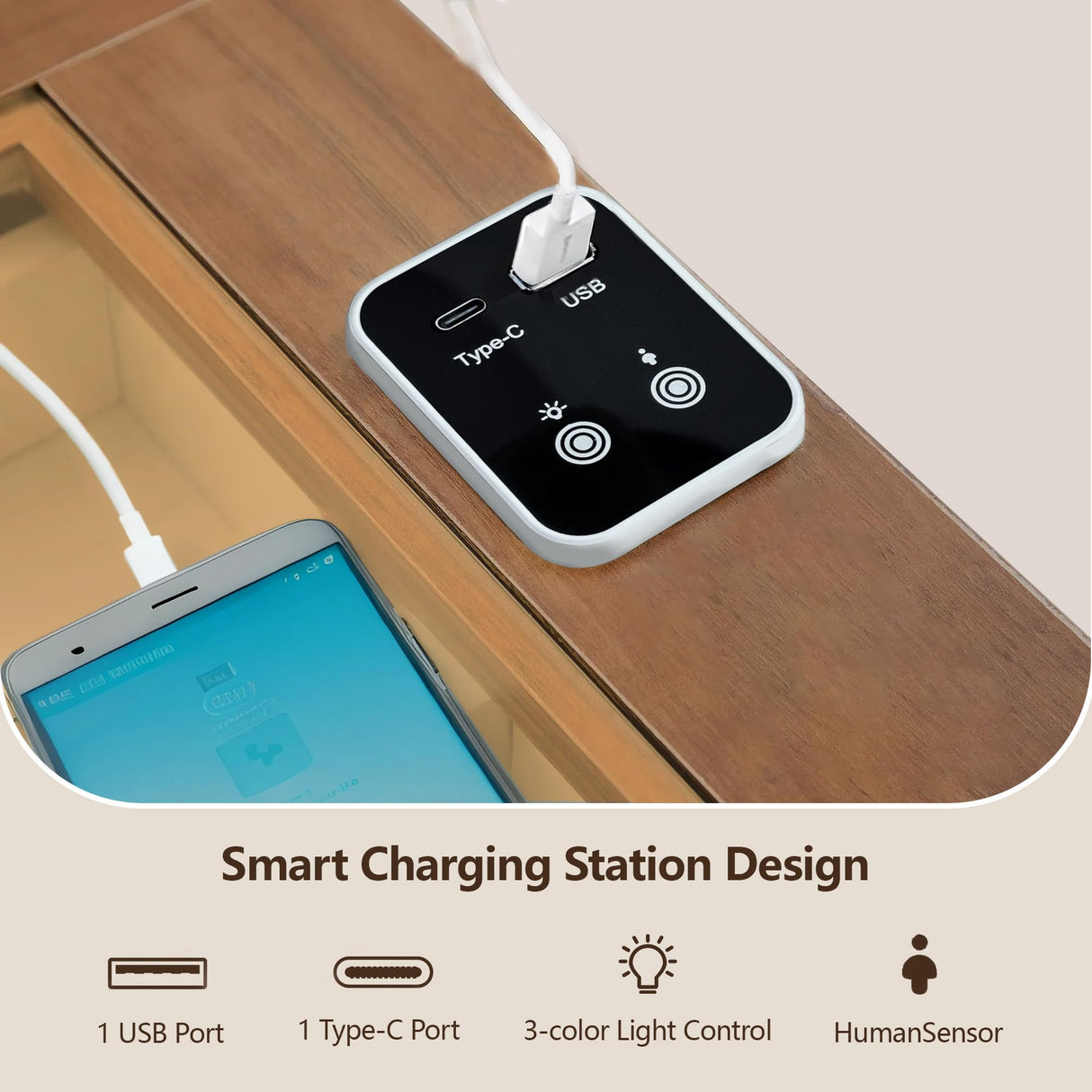 Tltaroni Farmhouse 8 Drawer Dressers, Wooden Chest of Drawers with Glass Top LED Light Charging Station Human Sensor Storage Organizer for Living Room Bedroom and Hallway, Antique White Tltaroni