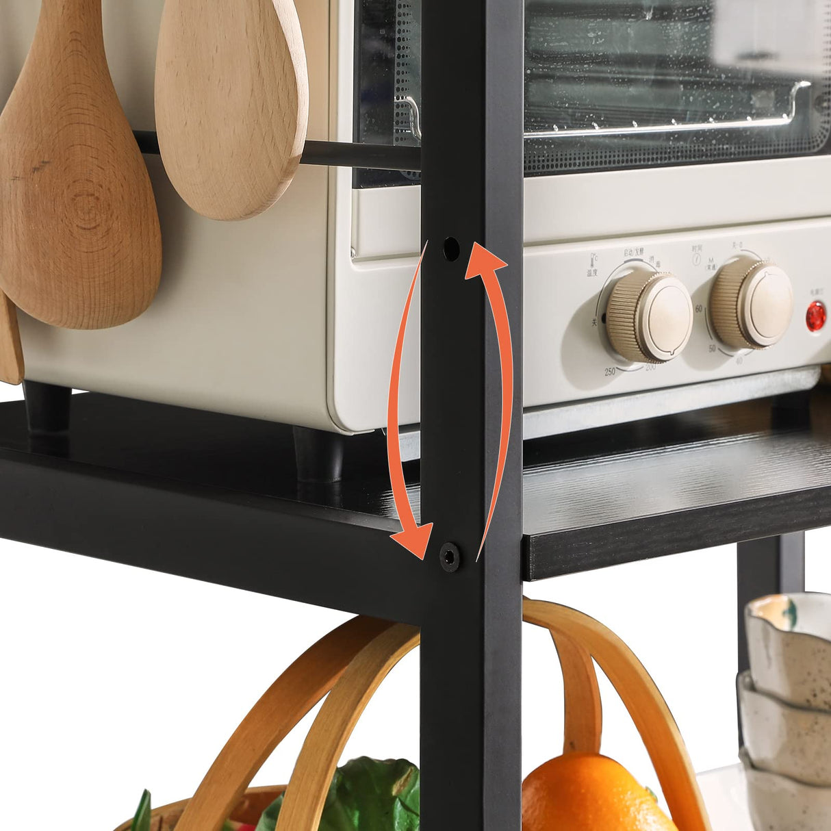 YMYNY Standing Baker's Racks, 3-Tier Microwave Oven Stand with Metal Frame and 6 Hooks, Coffee Bar Table, Storage Shelf Rack for Kitchen and Living Room, Panel Adjustable, Black, UHTMJ022B YMYNY