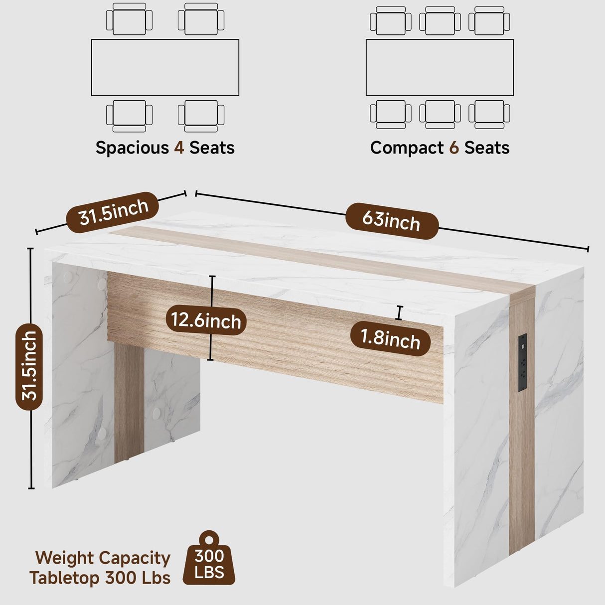 63" Large Island Table for Kitchen with Charging Station,Faux Marble Wooden Dining Table for 4-6 People,Modern Luxury Kitchen Island with Multi-Color LED Mood Lighting & Stylish Grill Design TRONLEE