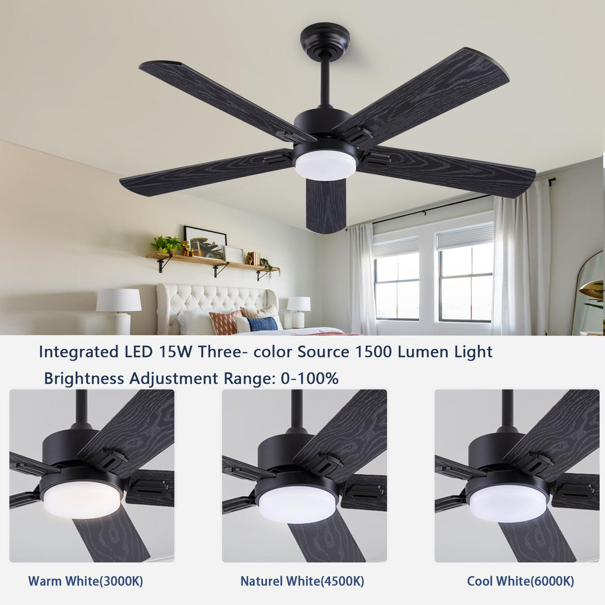 QUTWOB 52" Ceiling Fans with Light and Remote,Farmhouse 5 Blades Quiet Reversible DC Motor Ceiling Fans for Modern Indoor/Outdoor/Patio/Living Room/Bedroom(Black/Walnut) QUTWOB