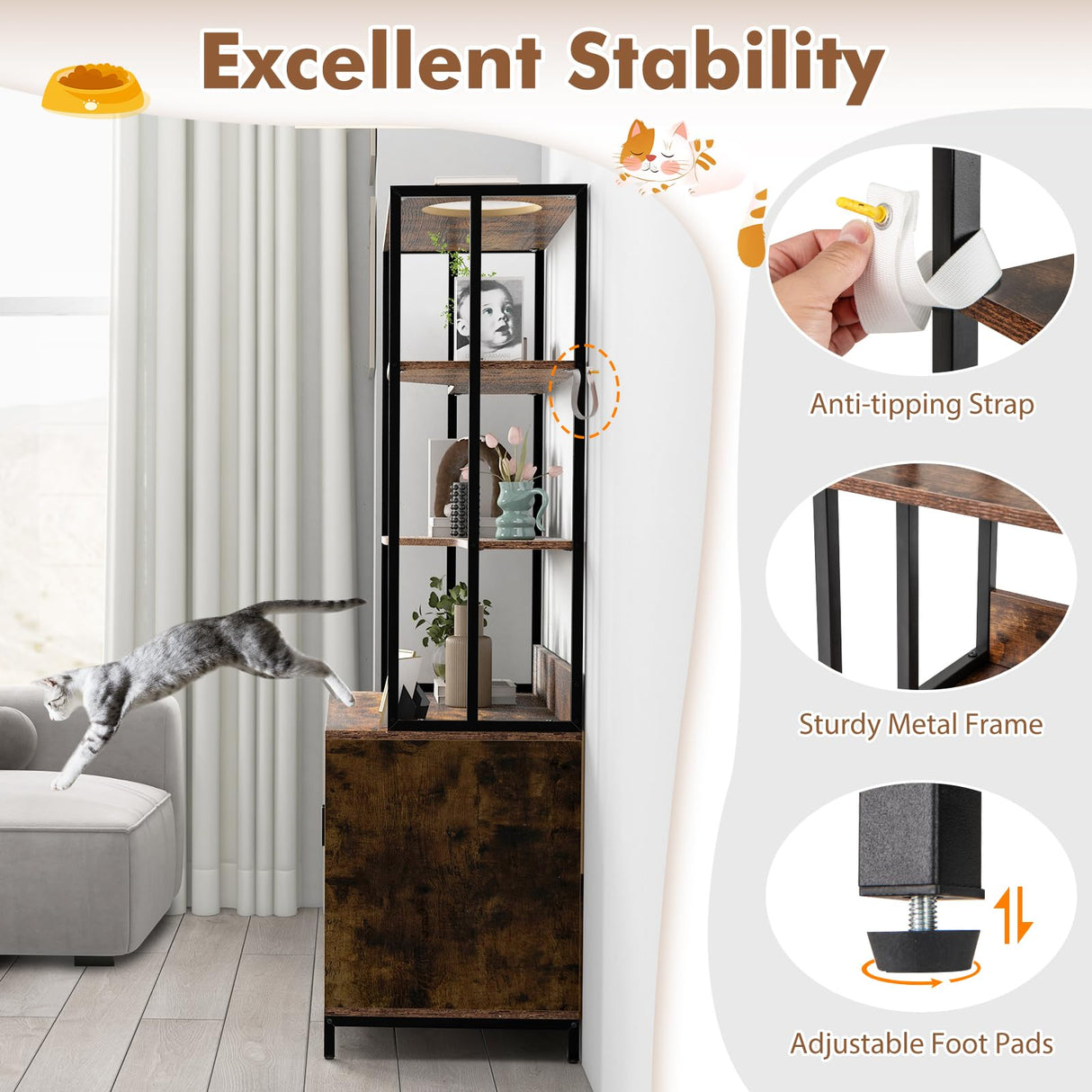 PETSITE Cat Litter Box Furniture with 3 Shelves and Doors, 61 inch Tall Cat Box Enclosure with Display Shelves, Scratching Pad, Indoor Hidden Litter Box with Decorative Storage Shelving (Rustic Brown) PETSITE