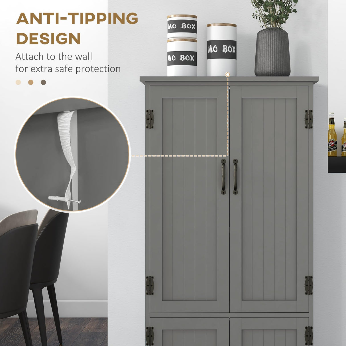 HOMCOM 48.5" Kitchen Pantry Cabinet, Compact Farmhouse Storage Cabinet Organizer with 2 Adjustable Shelves and 4 Beadboard Doors for Dining Room, Gray HOMCOM