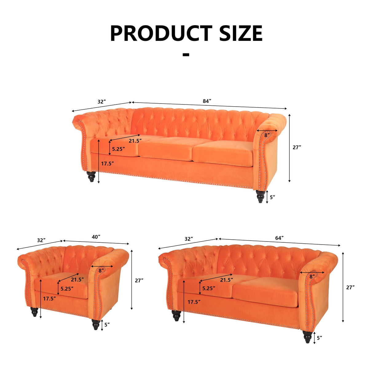 QHITTY Accent Sofa, Chesterfield Loveseat Modern Velvet Couch Upholstered Sofa with Tufted Back for Living Room Furniture (Orange) QHITTY