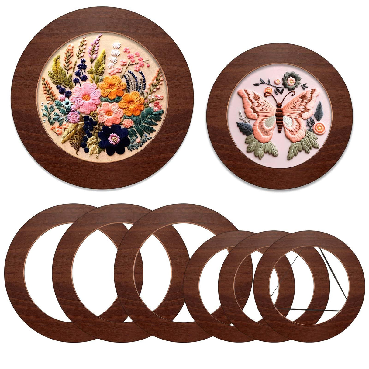 Wenqik 6 Pcs Wood Embroidery Frames for Display Embroidery Hoops Wood Display Frame for Finished Cross Stitch or DIY Art Craft Sewing Ornaments (8 Inch, 6 Inch, Round) Wenqik