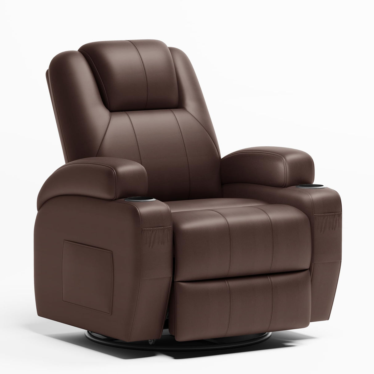 Flamaker Swivel Rocker Recliner Chair with Vibration Massage, 360° Swivel Recliner Chairs for Adults Ergonomic Lounge Chair with Cup Holders Lazy Boy Recliner Single Sofa Seat (Leather, Brown) Flamaker