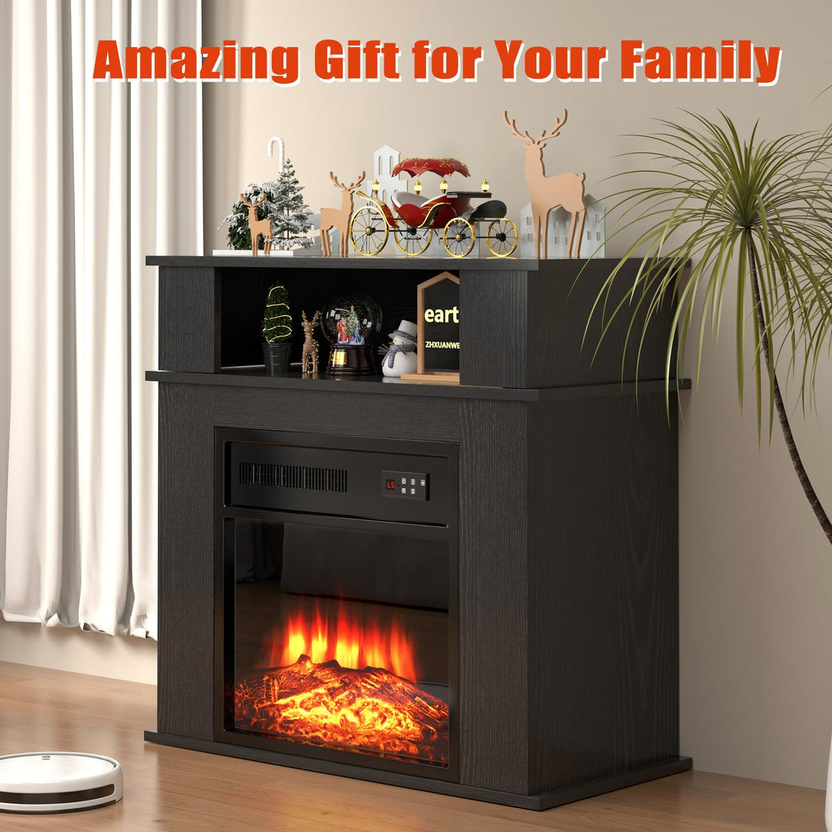 PRETZI 28" Electric Fireplace with Mantel, Small Fireplace tv Stand with 18" Fireplace Insert, 3D Realistic Flame, Portable Freestanding Fireplace with a Shelf for Living Room, Remote Control, Black PRETZI