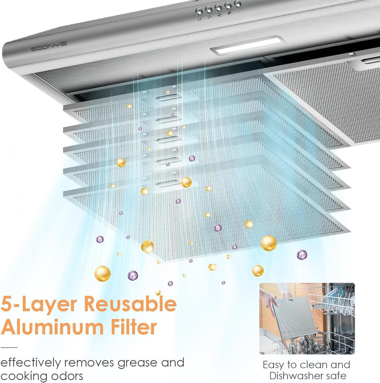 SOONYE 30 inch Stainless Steel Under Cabinet Range Hood, Slim Kitchen Vent Hood Ducted/Ductless Convertible with 3 Speed Controls, 5-Layer Aluminum Filters,LED Lights Soonye