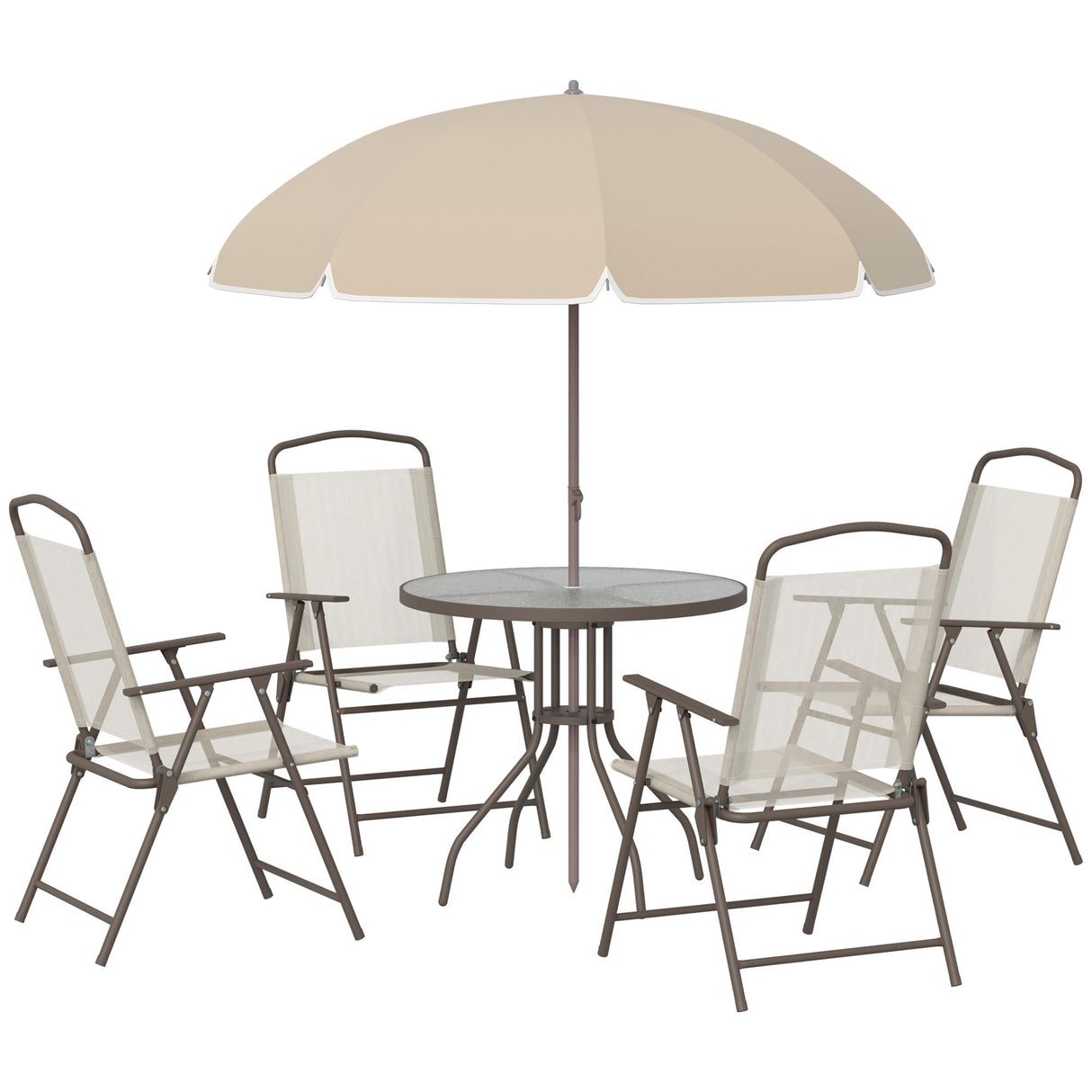 Outsunny 6 Piece Patio Dining Set for 4 with Umbrella, Outdoor Table and Chairs with 4 Folding Dining Chairs & Round Glass Table for Garden, Backyard and Poolside, Beige Outsunny
