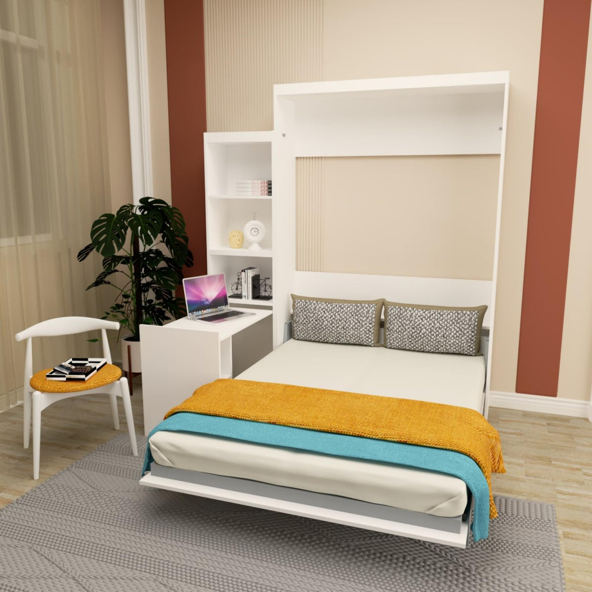 Queen Size Murphy Bed, Vertical Wall Bed with Fold-Out Desk and Storage Shelf, Morden Design Hidden Bed Frame Gas Struts, Space Saving(Not Including Mattress) Gahowlen