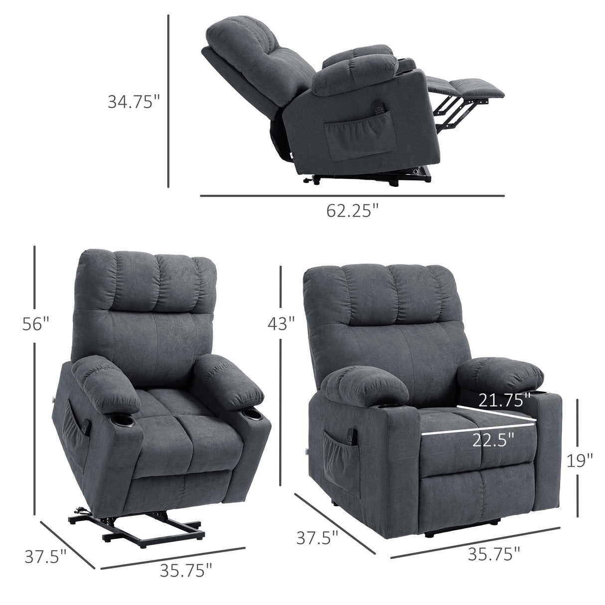 HOMCOM Electric Power Lift Chair Recliners for Elderly, Oversized Living Room Recliner Chair with Remote Control, Cup Holders, and Side Pockets, Dark Gray HOMCOM