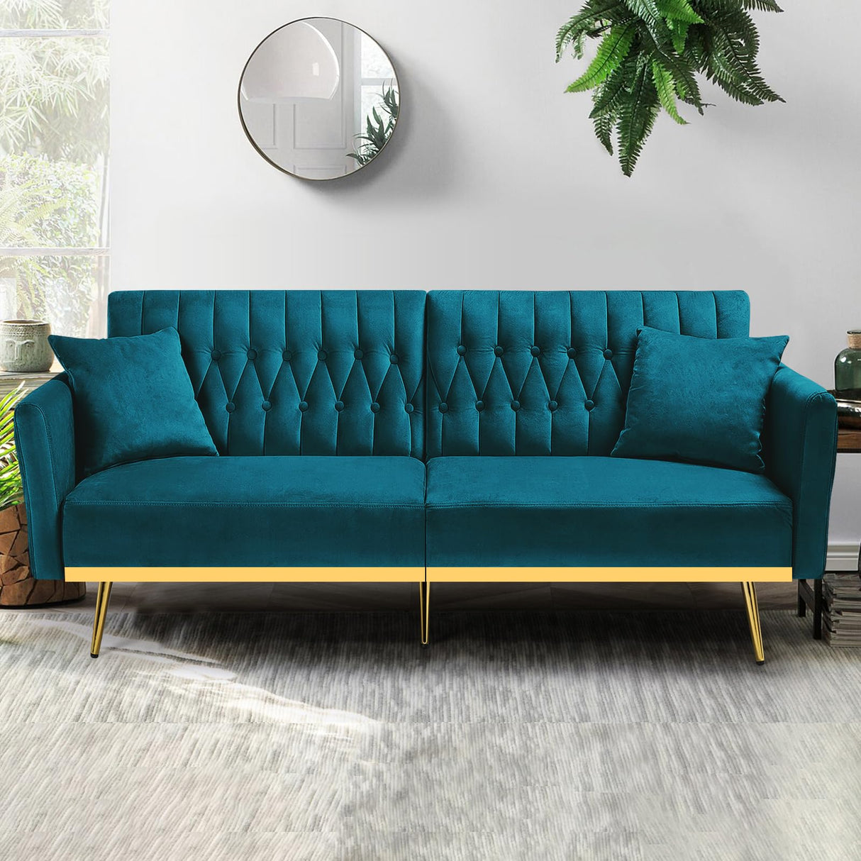 ACMEASE 70” Velvet Futon Sofa Bed w/Adjustable Armrests and Backrest, Convertible Futon Couch w/2 Pillows, Modern Sleeper Bed for Living Room, Bedroom, Teal ACMEASE