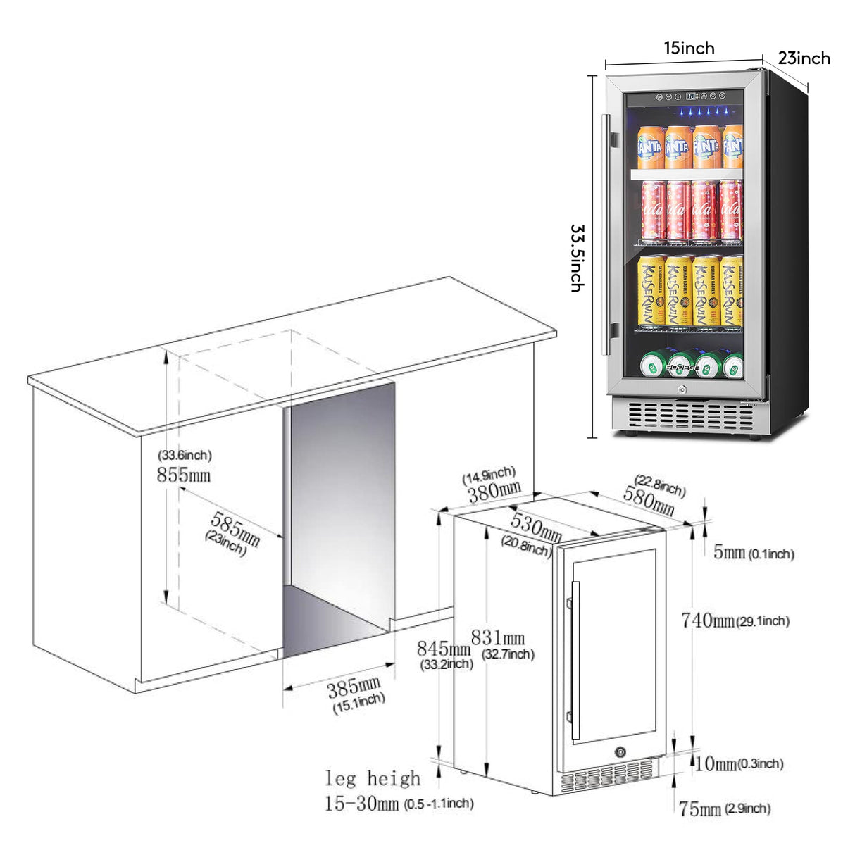 BODEGA Beverage Refrigerator Cooler,15 inch drink fridge under counter,100 cans mini Fridge with Glass Door for Soda Beer,Wine,Beverage Cooler for Home,Kitchen, Bar or Office. BODEGA