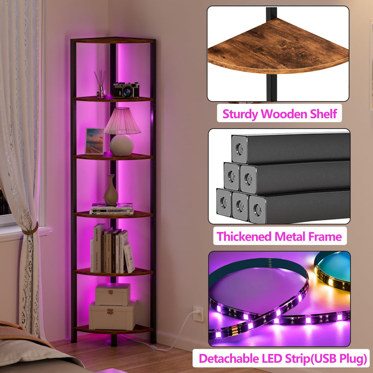Furnulem 6-Tier LED Corner Shelf - 67.5” Tall Rustic Brown Storage & Display Unit Furnulem