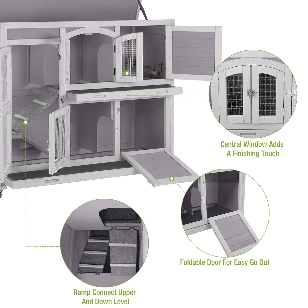GUTINNEEN Rabbit Hutch Indoor Outdoor Bunny House Guinea Pig Cage on Wheel with Plastic Tray 47inch GUTINNEEN