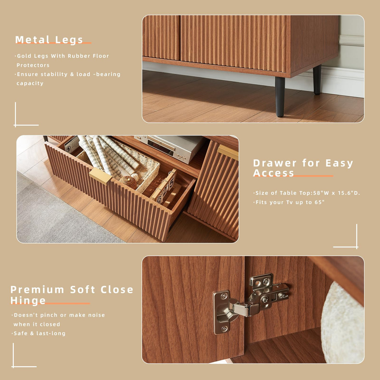 Okvnbjk Modern TV Stand for 65 Inch TV, Fluted TV Consoles for Living Room, Media Console with Soft Hinge & Drawer, Wood Entertainment Center with Storage, Mocha Okvnbjk