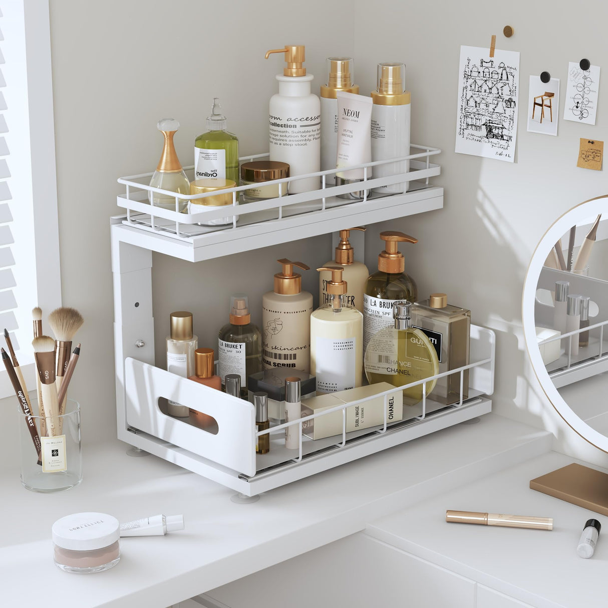 Biboraya 2 Pack Under Sink Organizer with Smooth Ball Bearing Slides,2-Tier Pull Out Cabinet Storage,Slide Out Drawers for Bathroom&Kitchen,Under Sink Shelf,Rust-resistant Coating,Height Adjustable Biboraya