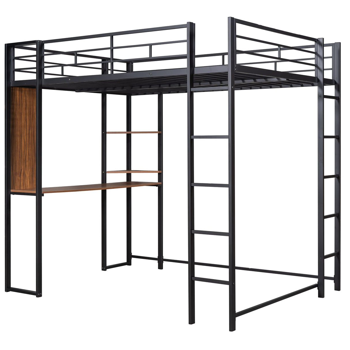 Merax Metal Loft Bed with 2 Shelves and one Desk, Noise Free, No Box Spring Needed, Easy Assembly, Full Size, Black Merax