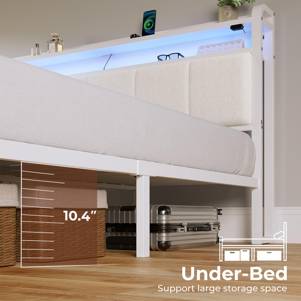 Rolanstar Bed Frame Twin Size with Charging Station and LED Lights, Upholstered Headboard with Storage Shelves, Heavy Duty Metal Slats, No Box Spring Need, Noise Free, Easy Assembly, White Rolanstar