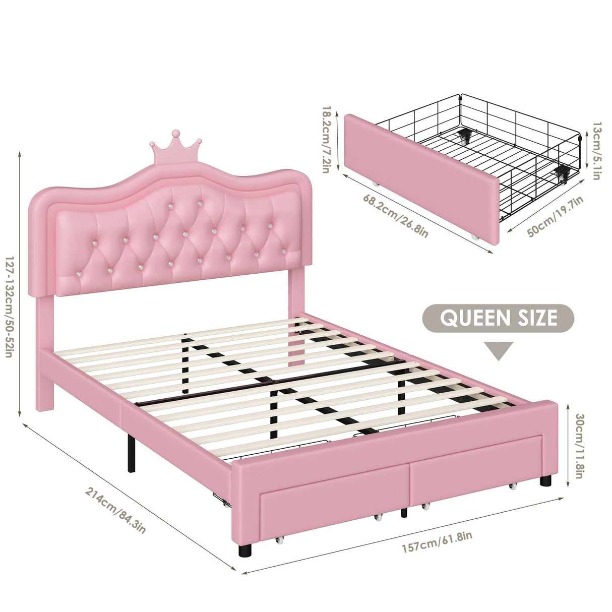 Keyluv Pink LED Upholstered Crown Bed Frame with Storage Drawer and Adjustable Headboard Keyluv