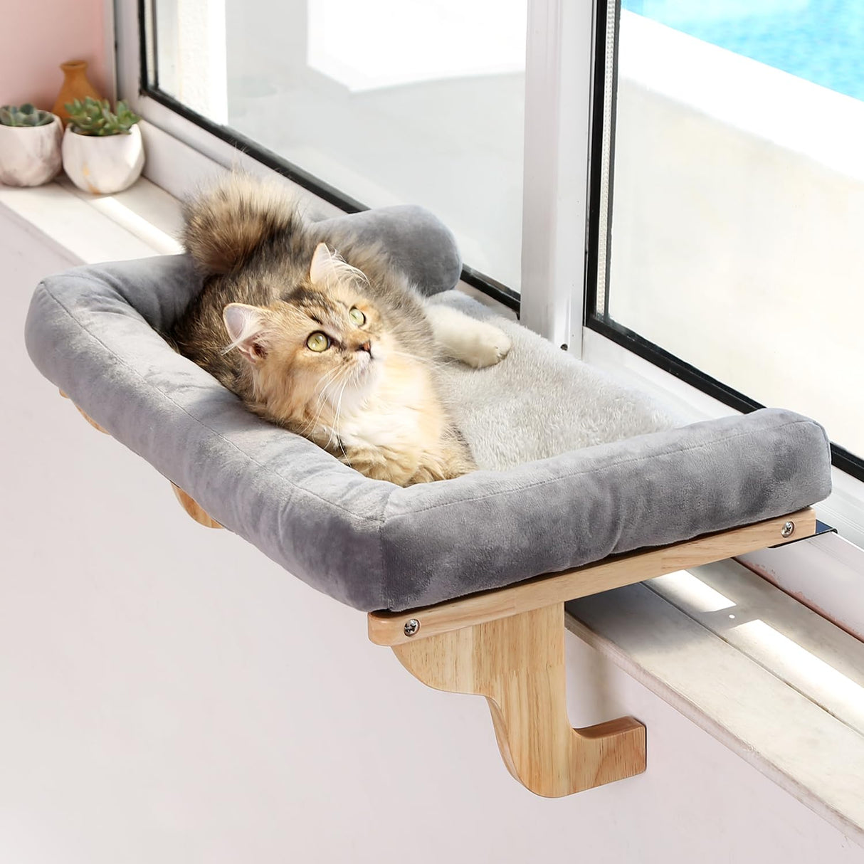 Zakkart Cat Perch for Window Sill with Bolster - Orthopedic Hammock Design with Premium Hardwood & Robust Metal Frame - Cat Window Seat for Large Cats and Kittens - Natural Color Wood with Gray Bed Zakkart