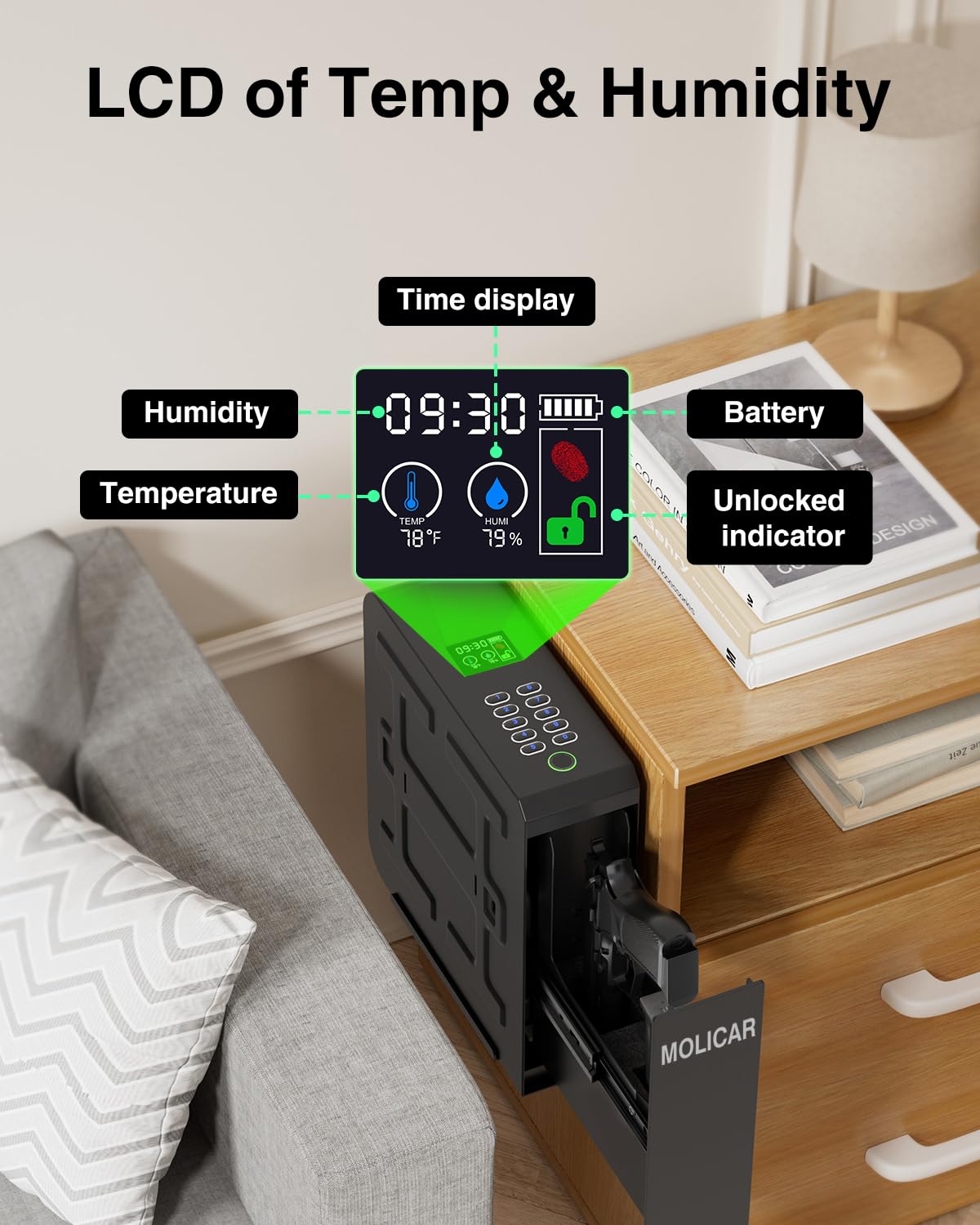 MOLICAR Biometric Slider Pistol Safe with LCD of Temp Humidity Battery, Mounted Single Bedside Gun Safe with 3 Ways Quick Access Handgun Case for Nightstand, Bed, Desk, Wall, Dresser MOLICAR