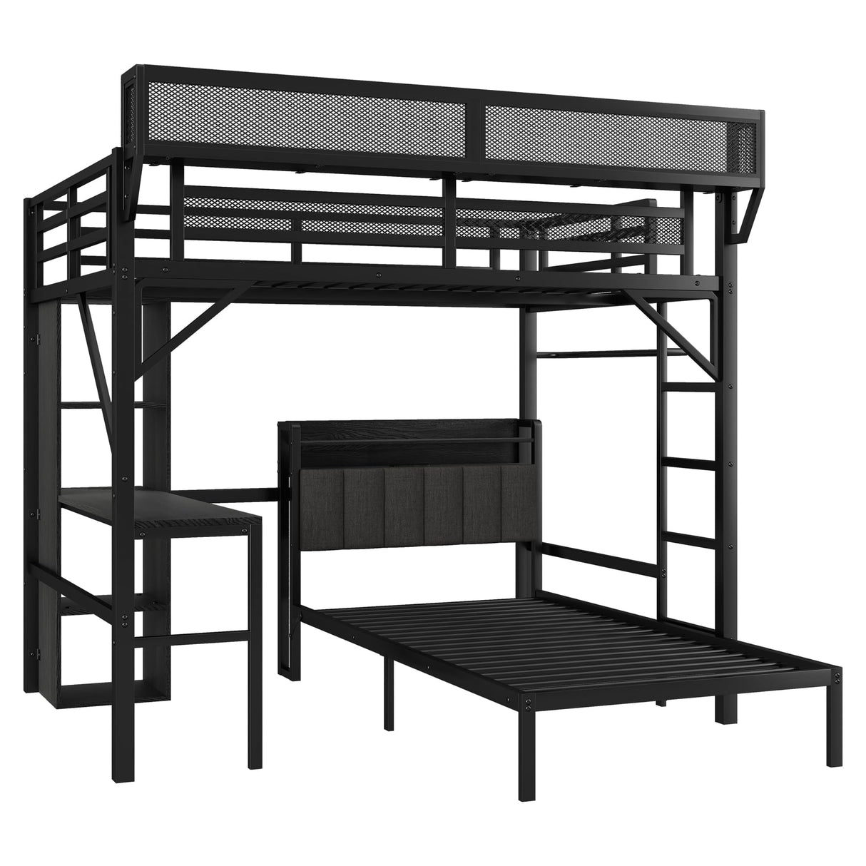 SOFTSEA Full Over Twin Bunk Bed with Desk, LED Lights & USB Charging Station, Detachable Loft Bed Frame with Bedside Shelves & Underbed Space for Kids Teens Adults, Black SOFTSEA