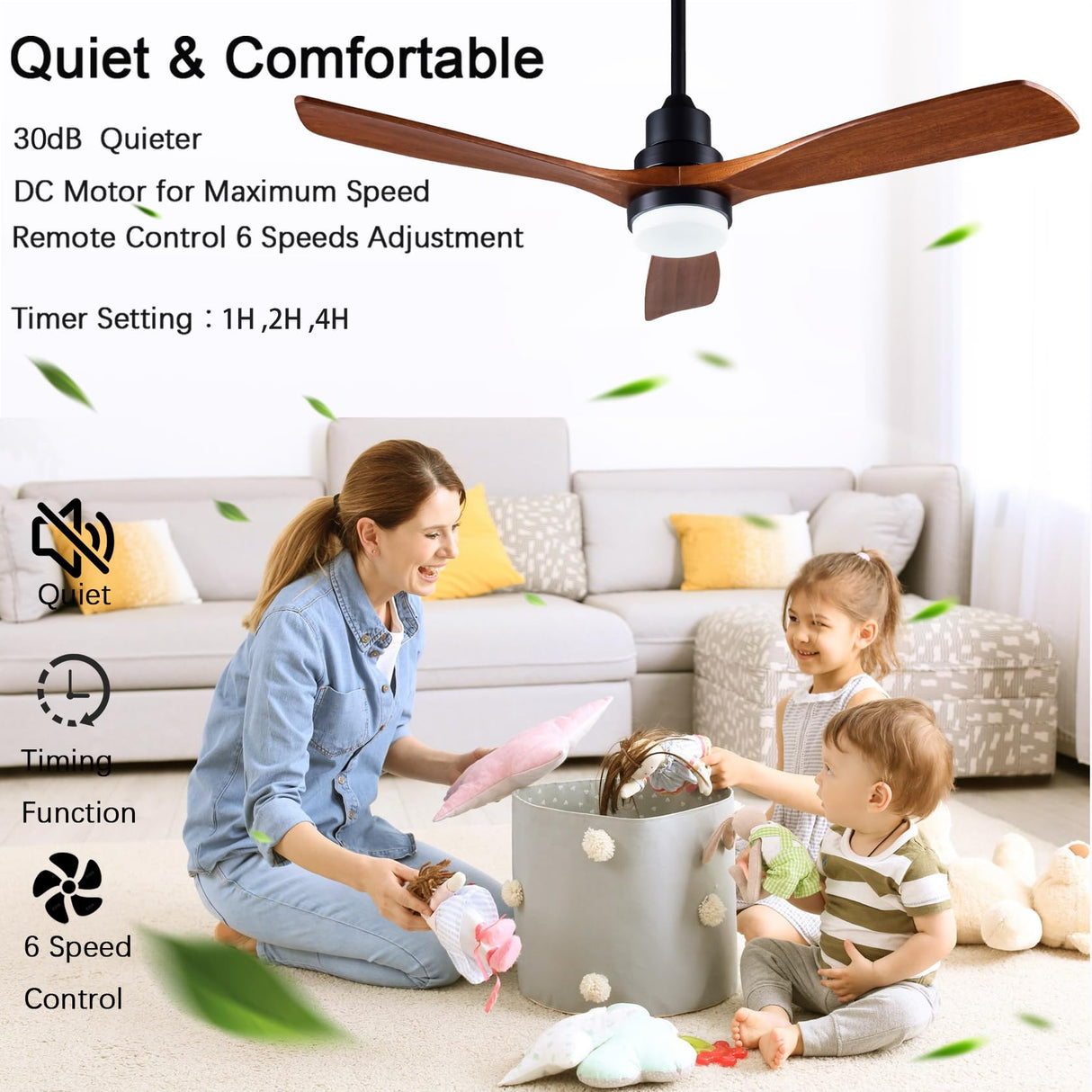 dearnow 52” solid wood ceiling fans with light 6 speeds remote/app control, solid wood ceiling fan with memory led dimmable color adjustable, quiet ceiling fan for living room, dining room. dearnow