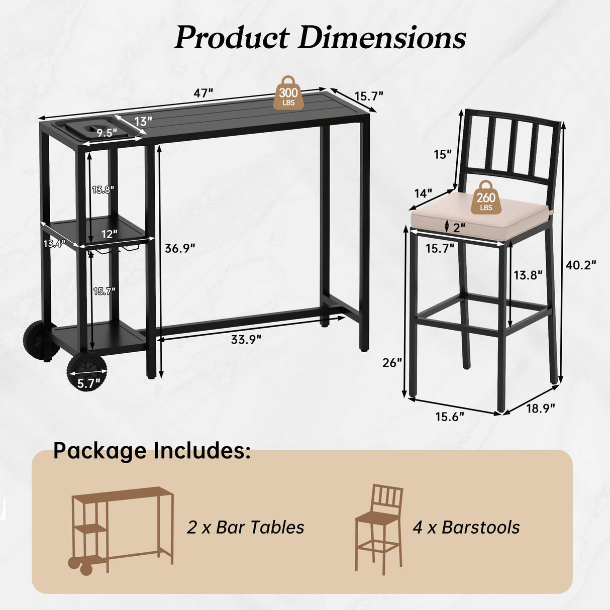 PIZZELLO 6 Piece Outdoor Patio Bar Set, 2 PCS 47" Rectangular Counter Height High Top Bar Tables with Wheels, 4 Cushioned Bar Stools, Metal Bar Table and Chairs Set for Balcony, Backyard, Porch PIZZELLO