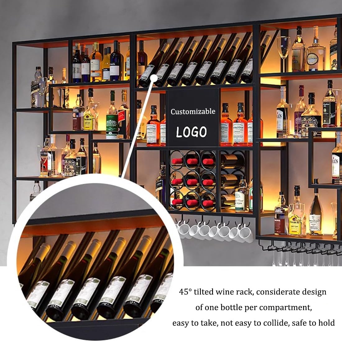 Metal Wine Rack Bar Shelves With LED Light Wall Mounted Kitchen Storage With Wine Glass Holder Liquor Shelf Large Floating Bar Liquor Bottle Whiskey Display Shelf for Kitchen Dining Room Bar Decoratio IRHIGBGX