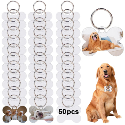50 Pcs Sublimation Blank Dog Tags Bone Shaped DIY Double Sided Aluminum Dog ID Tags Bone Shaped Pet Name Tags Dog Collar Tags with Dogs and Cats