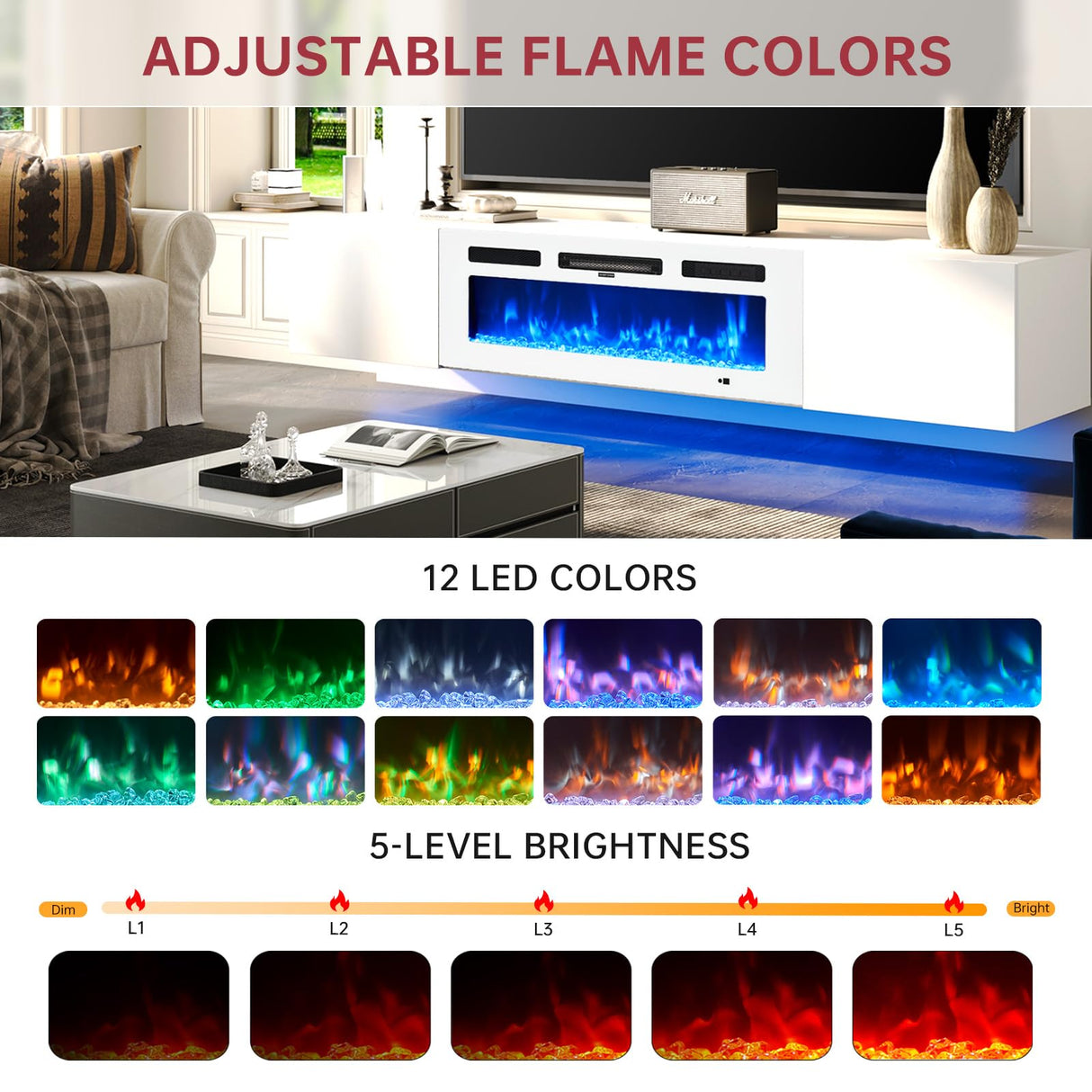 oneinmil 70" Floating Fireplace TV Stand with 36" Electric Fireplace, Wall Mounted Floating Entertainment Center with Storage, TV Console with Fireplace, Floating TV Cabinet, All White oneinmil