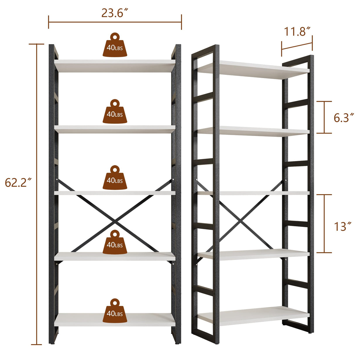 Shintenchi 5-Tier Industrial Bookshelf - Elegant White Bookcase for Living Room, Bedroom, or Office Shintenchi
