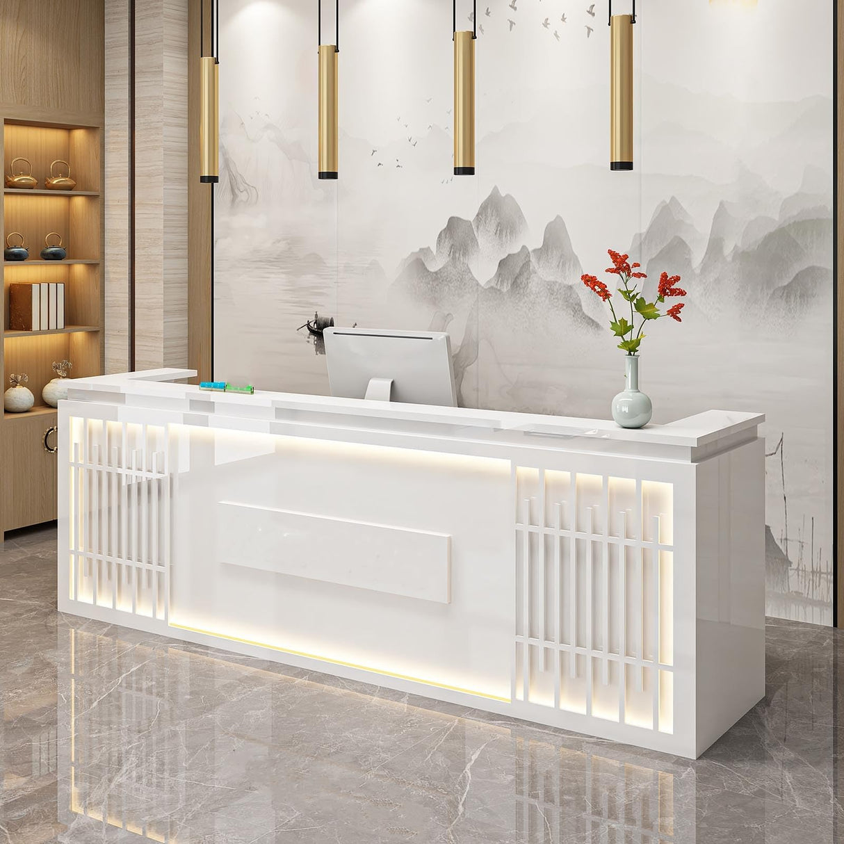 Retail reception counter with LED lights, reception desk for beauty salon, front desk reception counter with counter, wooden standing front desk for clothing store, company front desk, Coffee Shop.(B, FYRDTNG