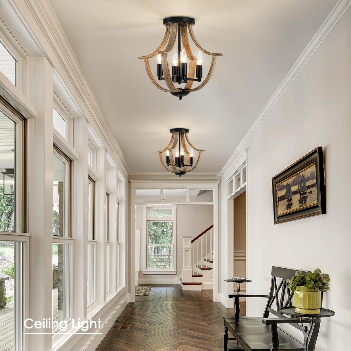 LAMPKEDUO Farmhouse Hanging Pendant Lighting, 4-Light Rustic Flush Mount Ceiling Light Fixture,Modern Faux Wood Vintage Chandelier for Dining Room Kitchen Island Foyer Hallway Entryway Bedroom LAMPKEDUO