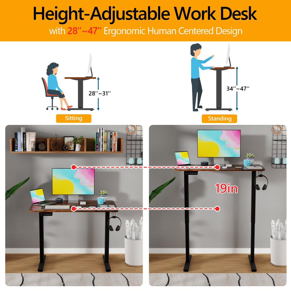 PayLessHere 40 inch Adjustable Height Standing Desk Computer Desk with Large Space and Headphone Holder Office Desk with Electric Lifting and Memory Function,Brown PayLessHere