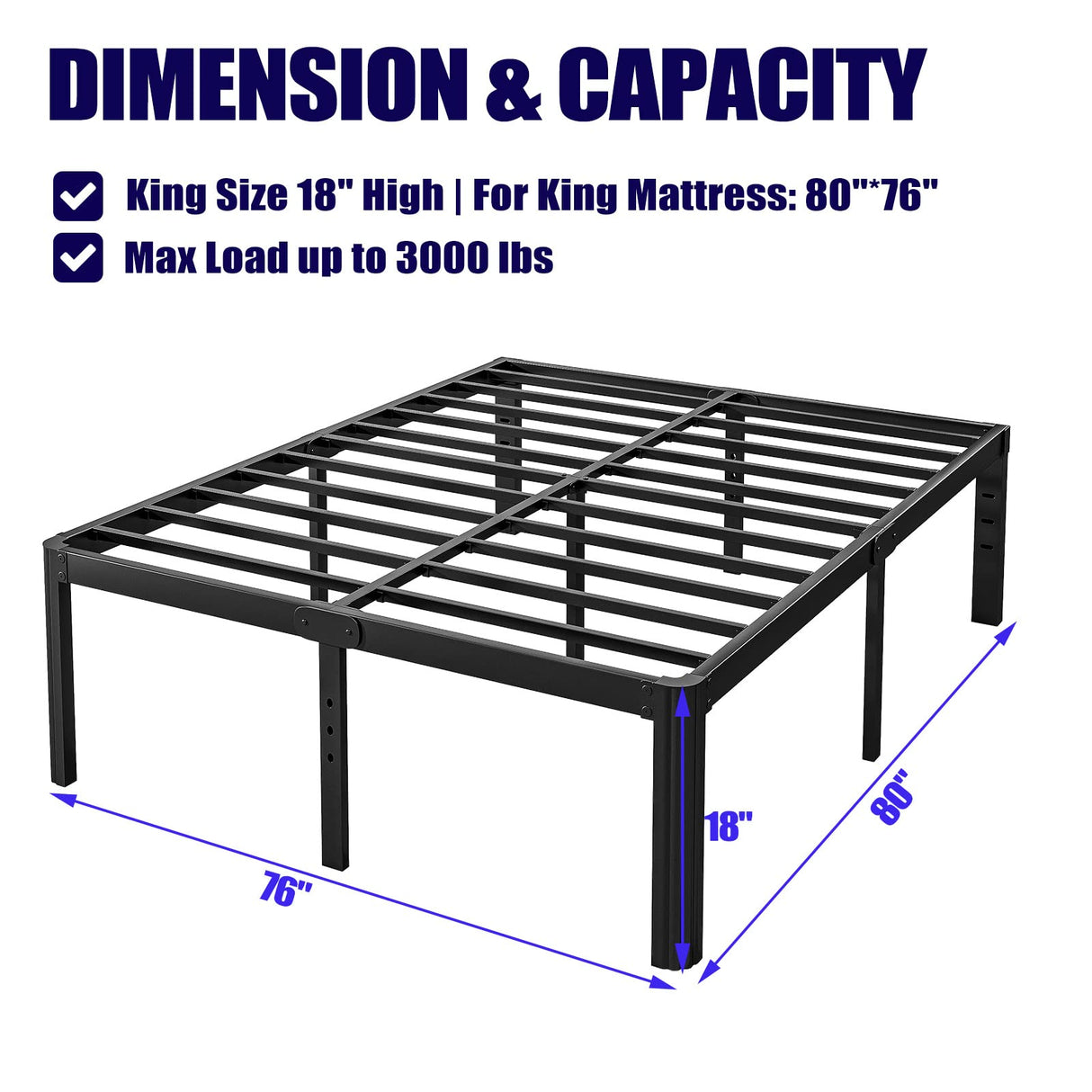 Heavy Duty 18in Hunlostten King Platform Bed Frame - No Box Spring Required, Noise-Free with Ample Under-Bed Storage Hunlostten