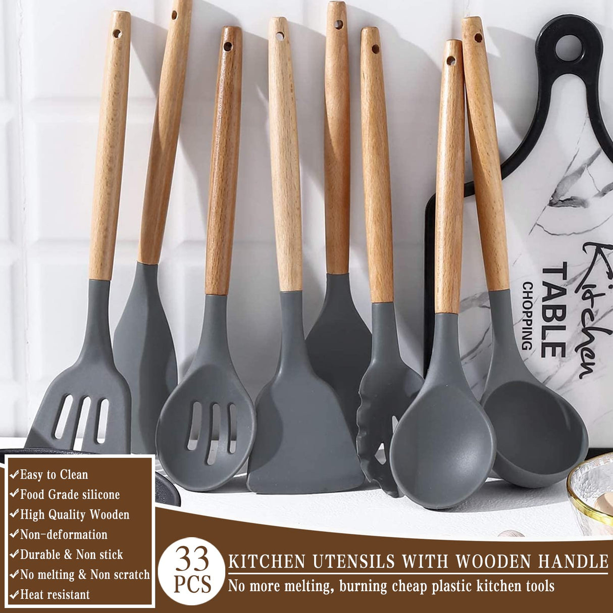 Umite Chef Kitchen Cooking Utensils Set, 33 pcs Non-stick Silicone Utensils Spatula Set with Holder, Wooden Handle Heat Resistant Silicone Kitchen Gadgets Utensil Set (Gray) Umite Chef