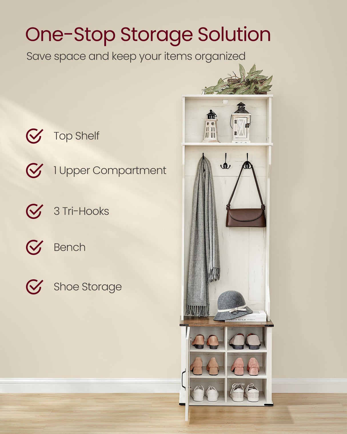 VASAGLE Hall Tree with Bench and Shoe Storage, Coat Rack with Shoe Bench, Entryway Furniture, 3 Tri-Hooks, Door with Handle, Farmfouse Style, Space Saving, Rustic White and Honey Brown UHSR441W01 VASAGLE