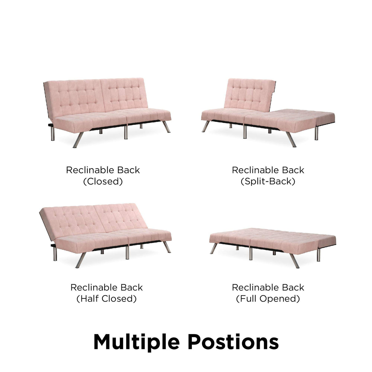 DHP Emily 71 Inch Futon Sofa Bed Fabric, Armless Upholstered Couch Sleeper with Tufted Back and Seat, Mid-Century Modern, Pink Velvet DHP