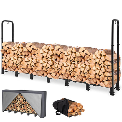 NEOCOZY 8FT Firewood Rack Outdoor with Cover, Heavy Duty Wood Holder with Log Carrier, Adjustable & Waterproof Log Holder Wood Storage Stand for Fireplace Patio Outdoor, Black
