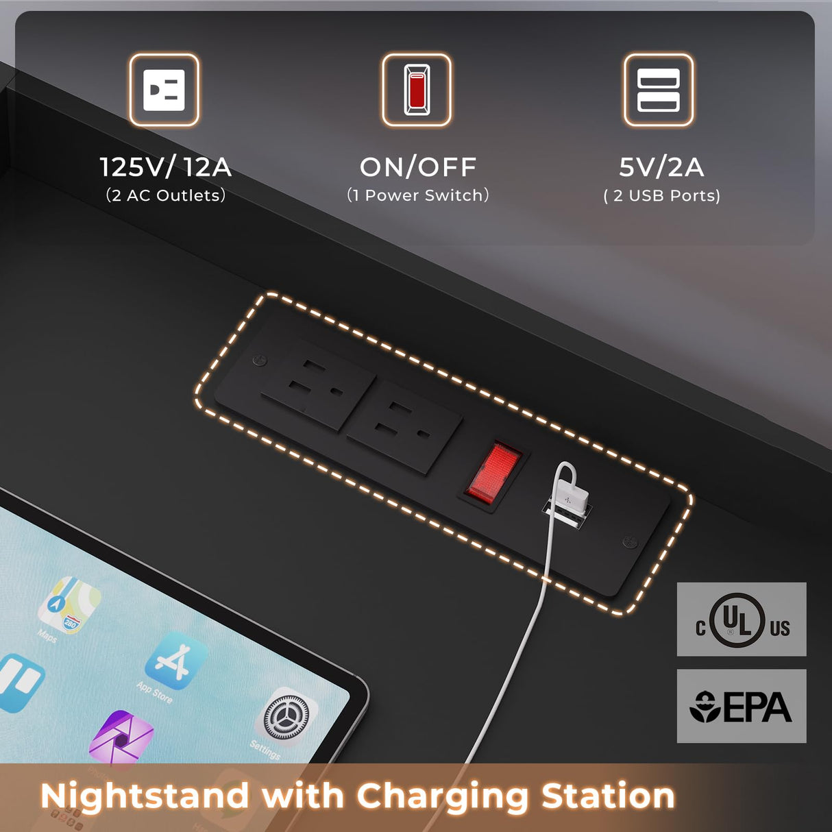 HAUOMS Black Nightstand Set of 2,LED Night Stand with Charging Station & Pull-Out Tray,Bedside Table with Drawers,Modern End Table Side Table Storage Cabniet HAUOMS